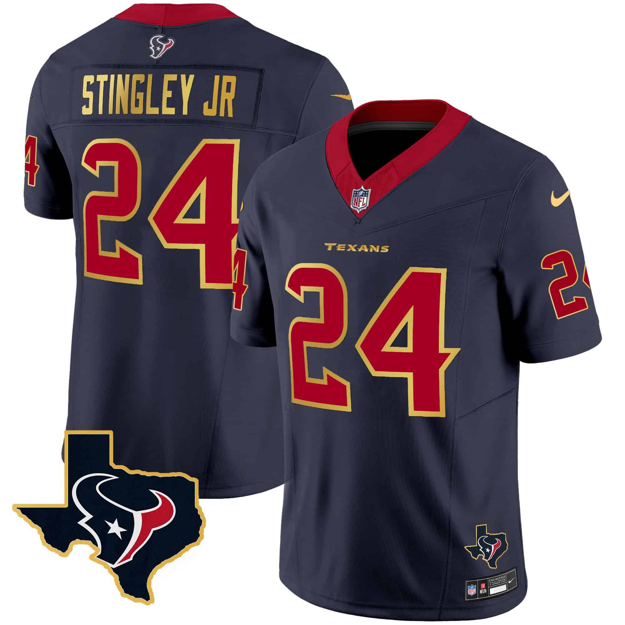 Men Houston Texans #24 Stingley jr Dark blue Gold 2024 Nike Trim Vapor NFL Jersey style 1